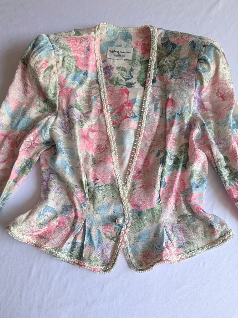 80s Vintage Coquette Floral Pastel Peplum Jacket With Pearls Pink/Blue/Green - Picture 4 of 8